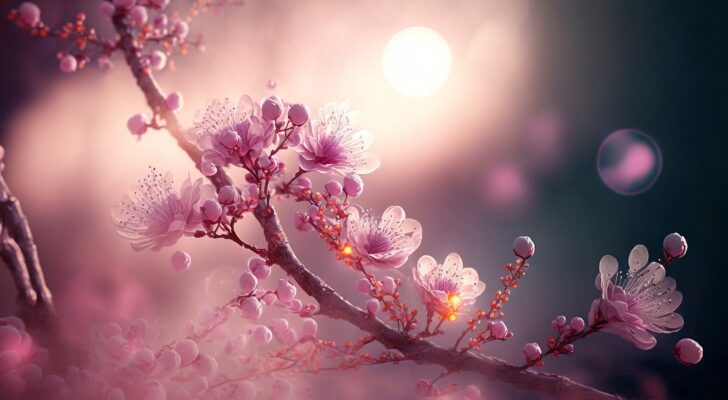 нейросеть • цветы • вишня • ветка • весна • сакура • дымка • розовые • бутоны • цветение • боке • ИИ-арт • искусство искусственного интеллекта